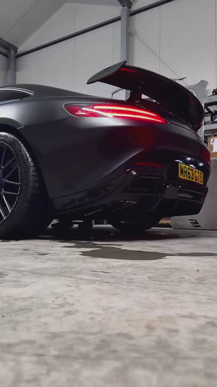 Load video: Mercedes AMG GT C190 M178 Heat Shielded 200 Cell Hi-flow Sport Cat Downpipes 2015 - 2022